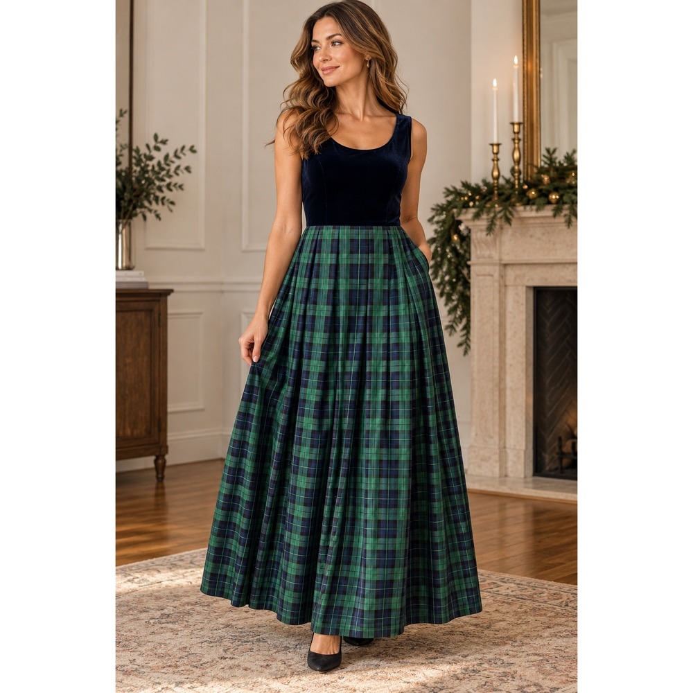 Jessica Howard Vintage Velvet Plaid Maxi Dress Navy Green Tartan Size 12